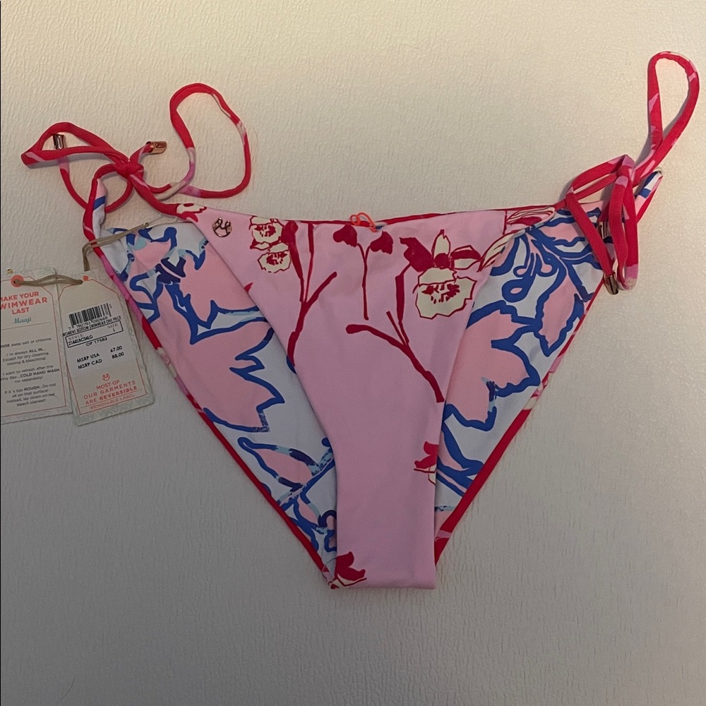 MAAJI size Large Reversible Red & Pink Floral String Bikini Bottoms NWT